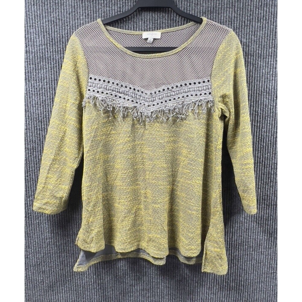 Umgee Mesh Fringe Lace Sweater Womens Small‎ Gray Yellow 3/4 Sleeve Pullover